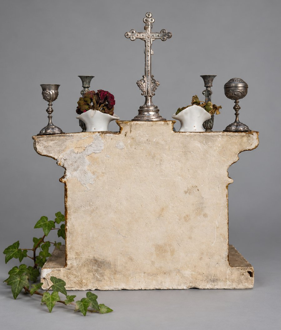 Antique Altar Set – Miniature Gilded Plaster Altar And Accessories – Circa 1900, Dinette -photo-3