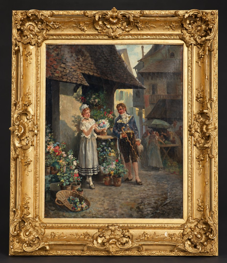 Adolphe Grison (1845–1914) – A Romantic Scene At The Florist’s – Oil On Canvas, 19th Century