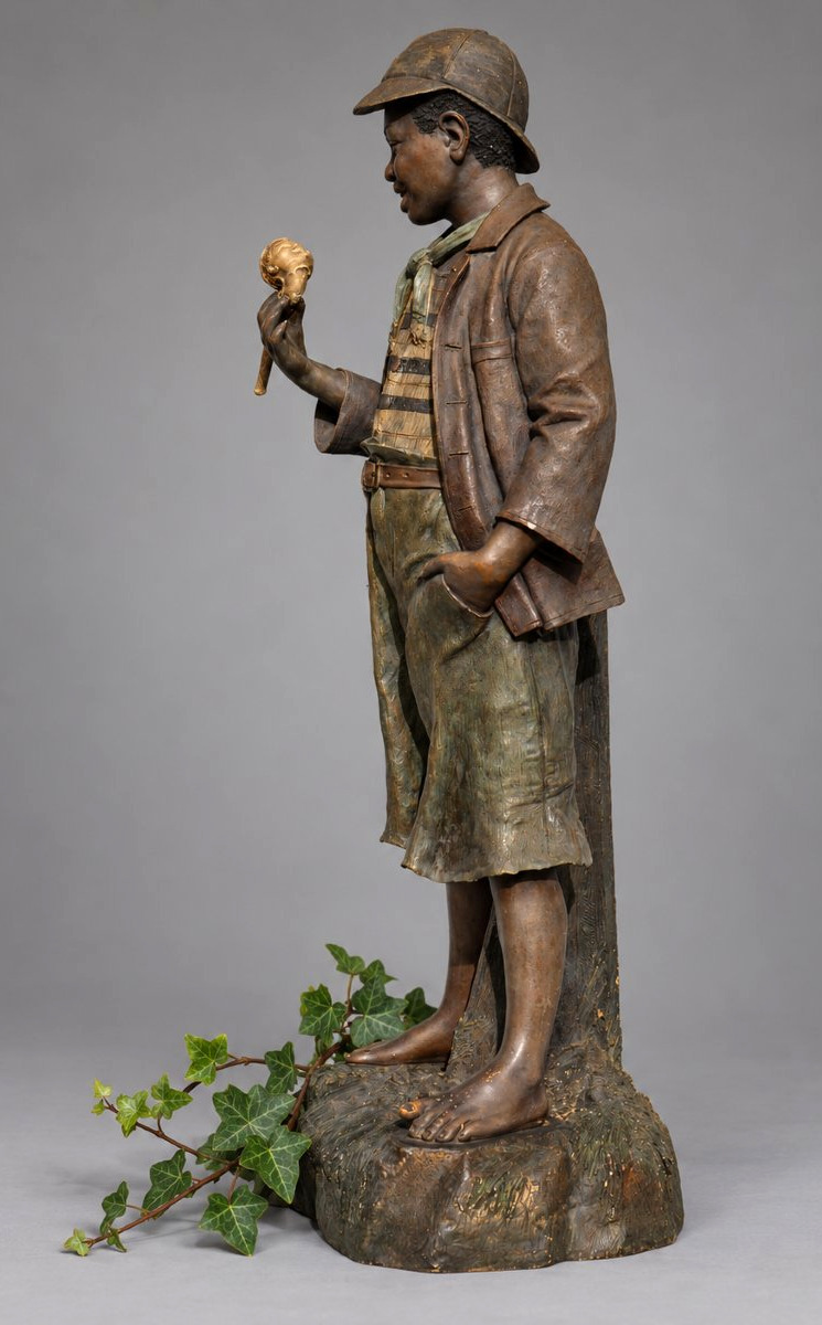 Young Boy With A Pipe – Large Polychrome Terracotta – Circa 1900, Goldsheider Tobacco Style-photo-4