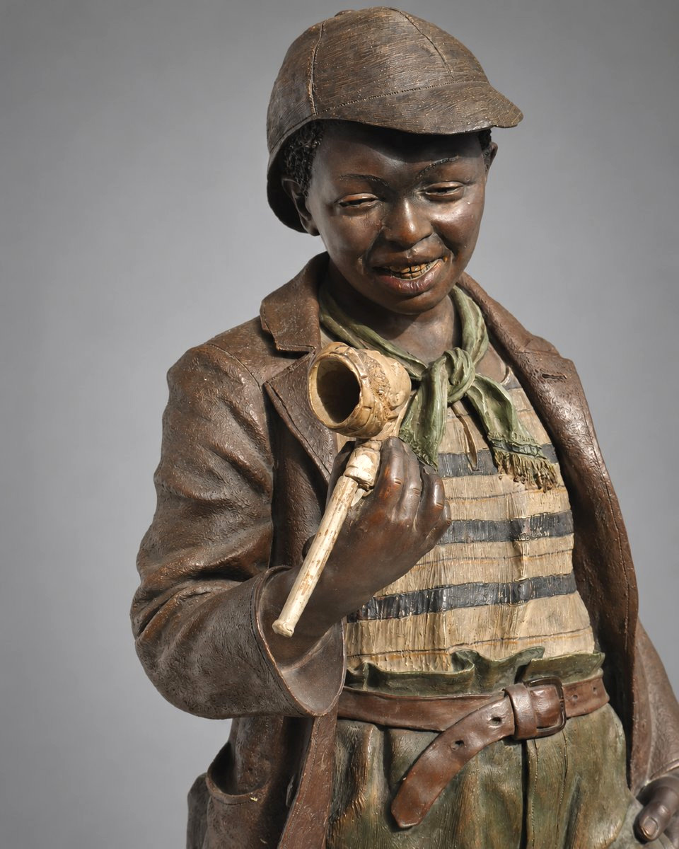 Young Boy With A Pipe – Large Polychrome Terracotta – Circa 1900, Goldsheider Tobacco Style-photo-1
