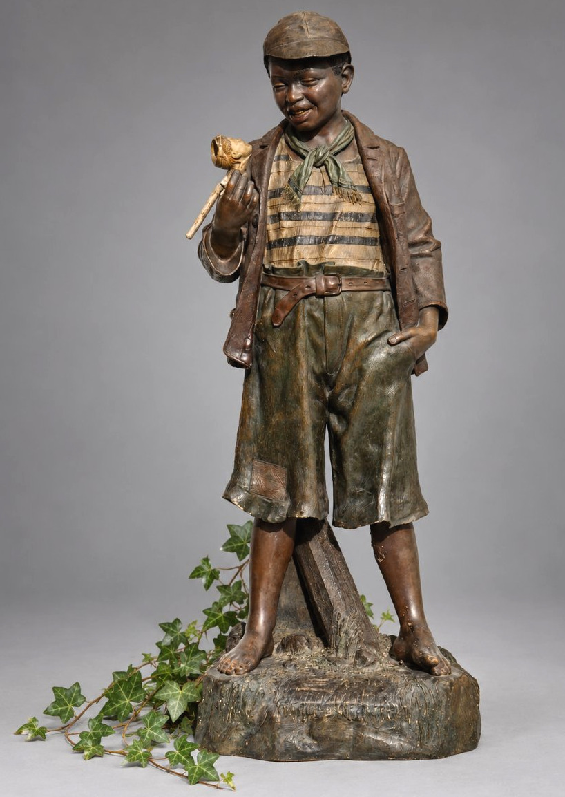 Young Boy With A Pipe – Large Polychrome Terracotta – Circa 1900, Goldsheider Tobacco Style-photo-2