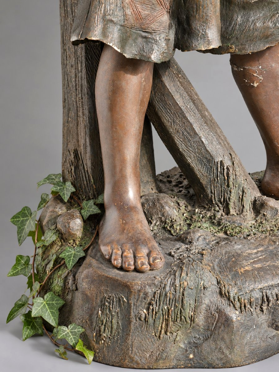 Young Boy With A Pipe – Large Polychrome Terracotta – Circa 1900, Goldsheider Tobacco Style-photo-7