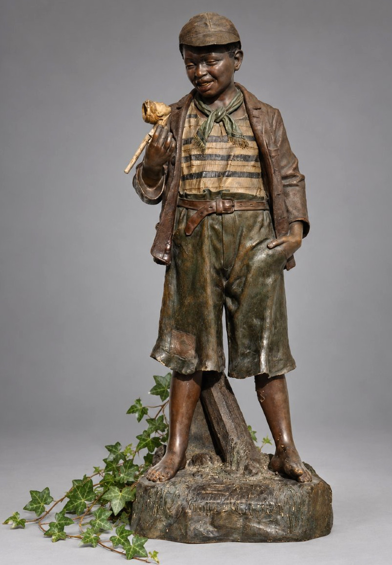 Young Boy With A Pipe – Large Polychrome Terracotta – Circa 1900, Goldsheider Tobacco Style
