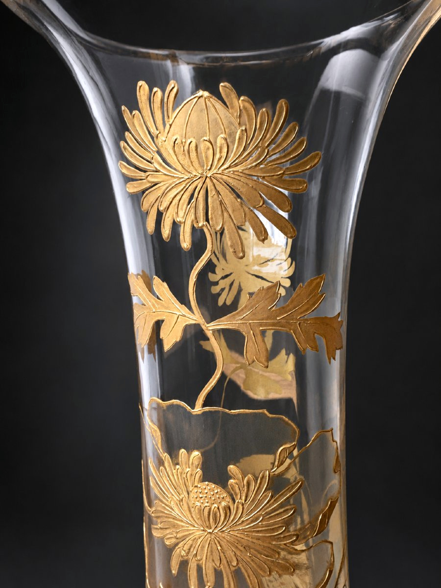 Baccarat – Large Crystal Vase Decorated With Golden Chrysanthemums – 19th-century Art Nouveau Period-photo-2