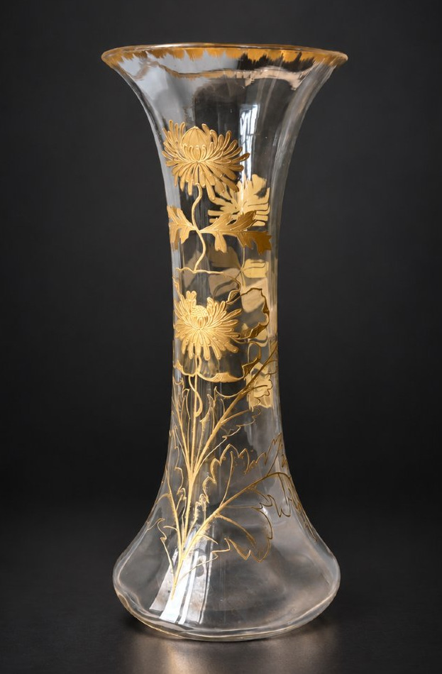 Baccarat – Large Crystal Vase Decorated With Golden Chrysanthemums – 19th-century Art Nouveau Period-photo-4