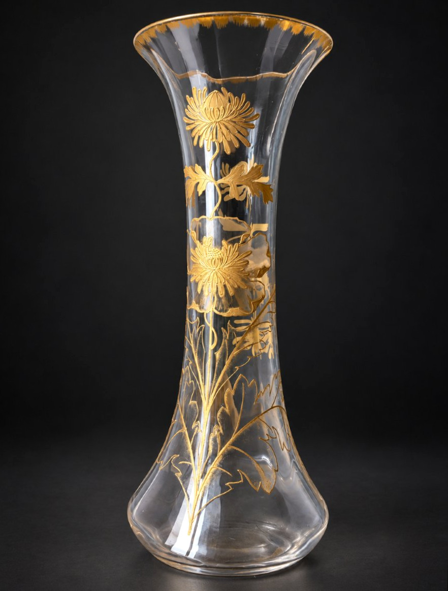 Baccarat – Large Crystal Vase Decorated With Golden Chrysanthemums – 19th-century Art Nouveau Period-photo-2