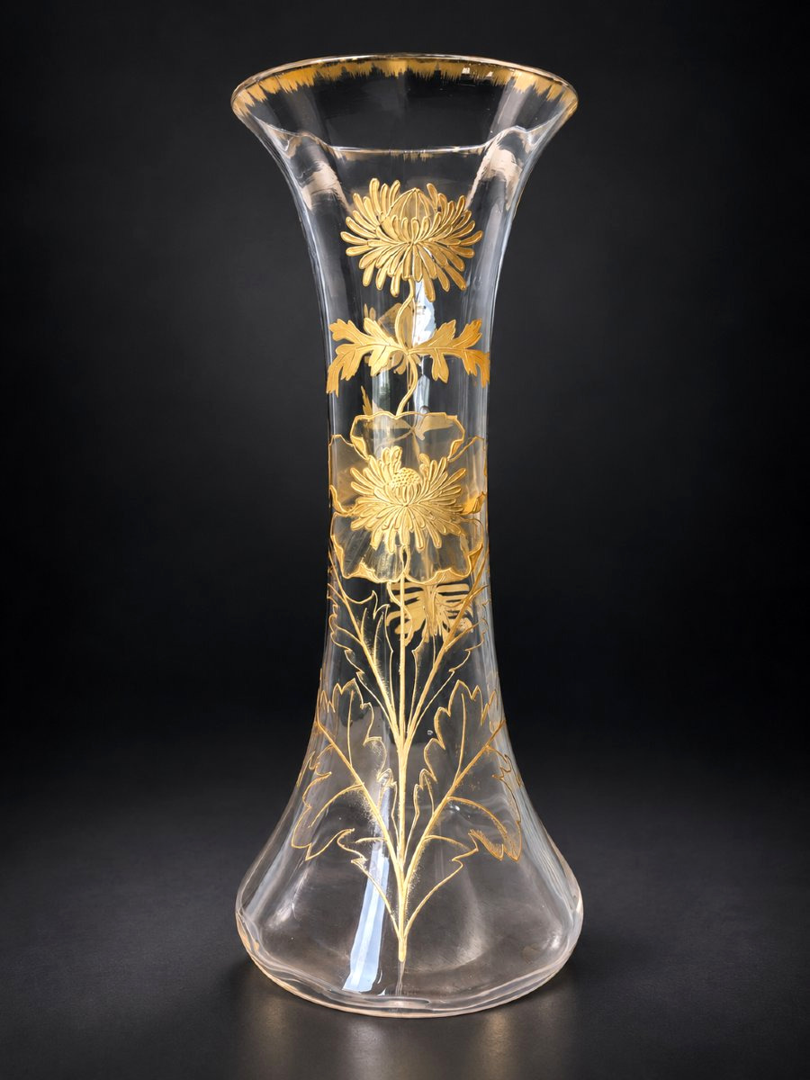 Baccarat – Large Crystal Vase Decorated With Golden Chrysanthemums – 19th-century Art Nouveau Period-photo-3