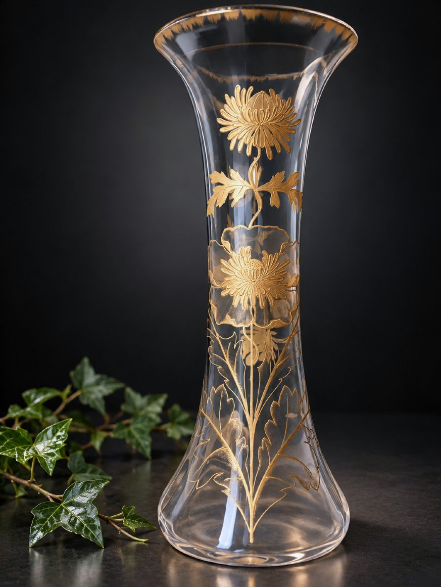 Baccarat – Large Crystal Vase Decorated With Golden Chrysanthemums – 19th-century Art Nouveau Period
