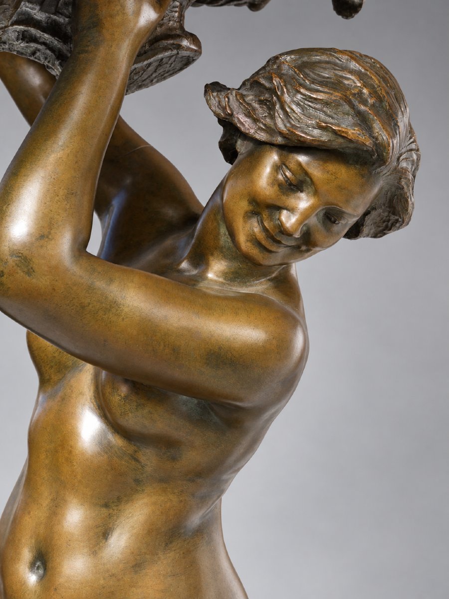 Bronze Sculpture Signed By Marc Robert: *the Grape Harvest*, *bacchante*, And *young Satyr* By Thiébaut Frères-photo-2