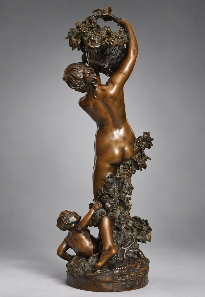 Bronze Sculpture Signed By Marc Robert: *the Grape Harvest*, *bacchante*, And *young Satyr* By Thiébaut Frères-photo-3