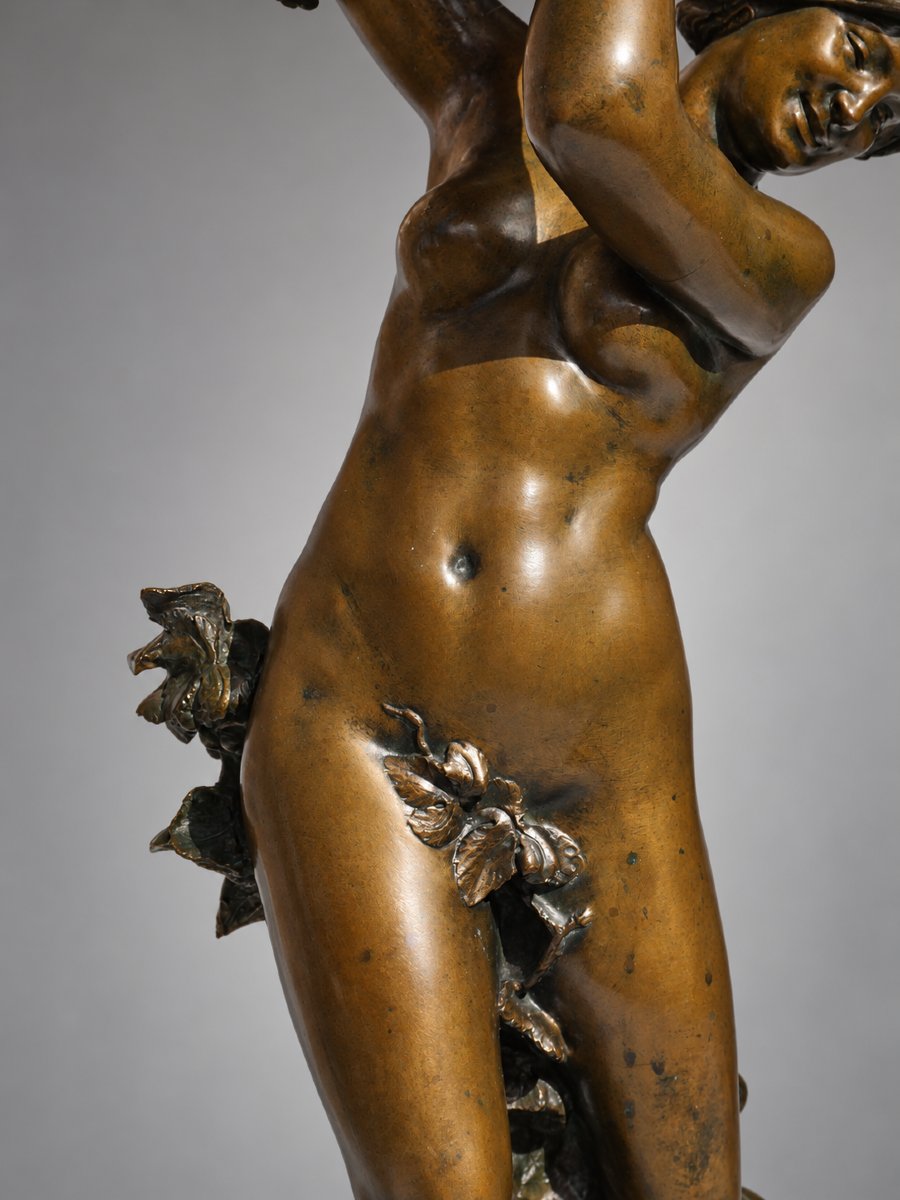 Bronze Sculpture Signed By Marc Robert: *the Grape Harvest*, *bacchante*, And *young Satyr* By Thiébaut Frères-photo-4