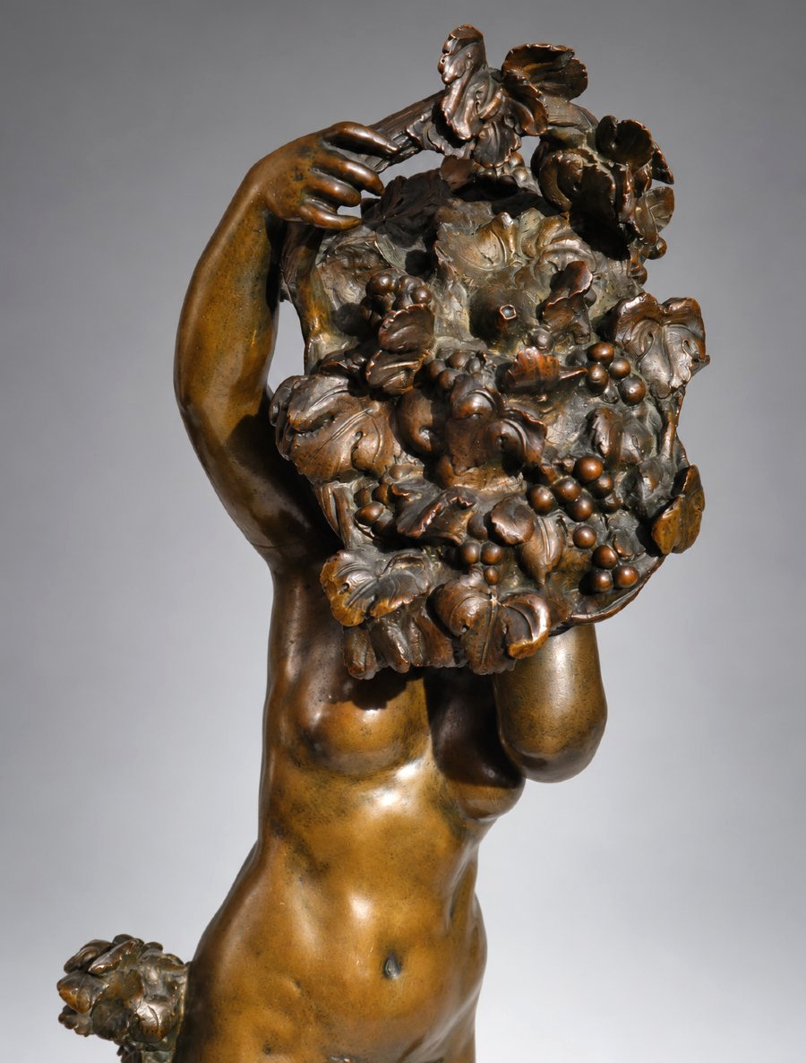Bronze Sculpture Signed By Marc Robert: *the Grape Harvest*, *bacchante*, And *young Satyr* By Thiébaut Frères-photo-2
