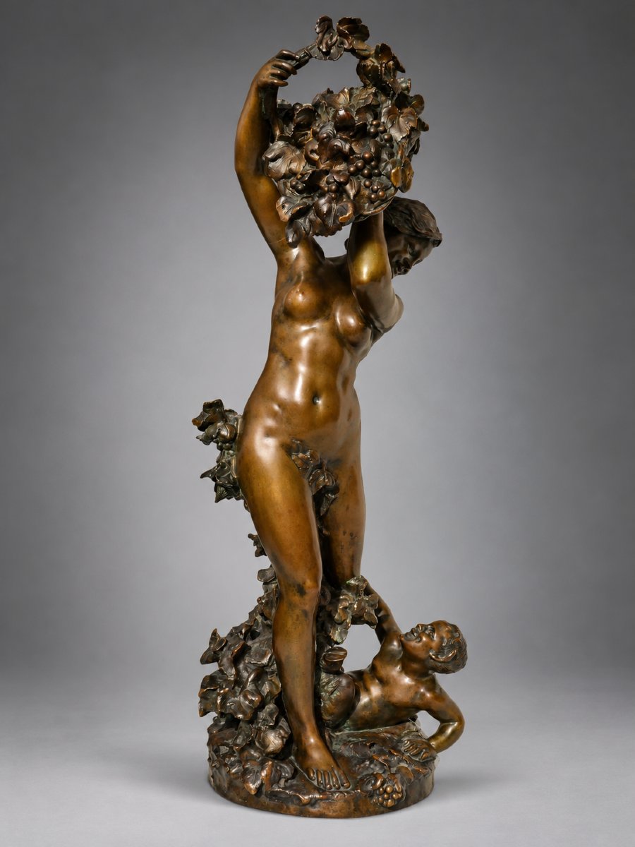 Bronze Sculpture Signed By Marc Robert: *the Grape Harvest*, *bacchante*, And *young Satyr* By Thiébaut Frères-photo-4