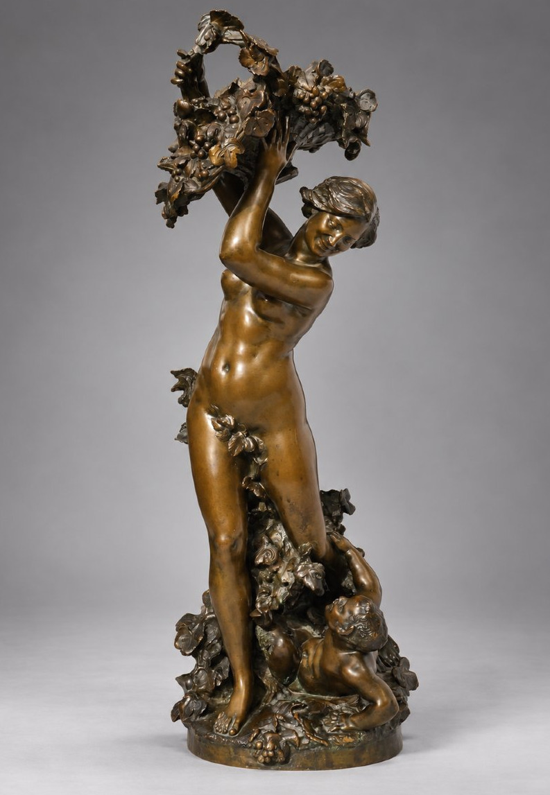 Bronze Sculpture Signed By Marc Robert: *the Grape Harvest*, *bacchante*, And *young Satyr* By Thiébaut Frères