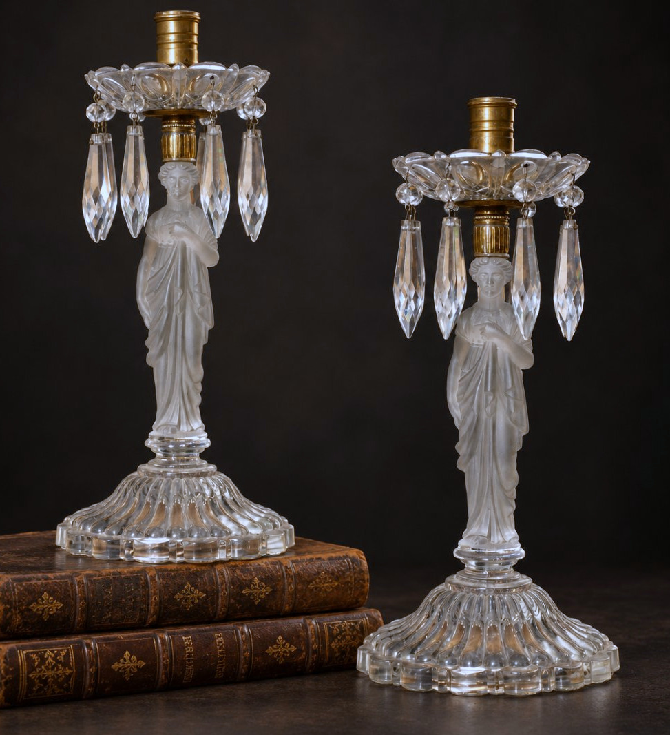 Pair Of Molded And Frosted Crystal Candleholders With 19th-century Caryatid Design, Antique Baccarat-photo-3