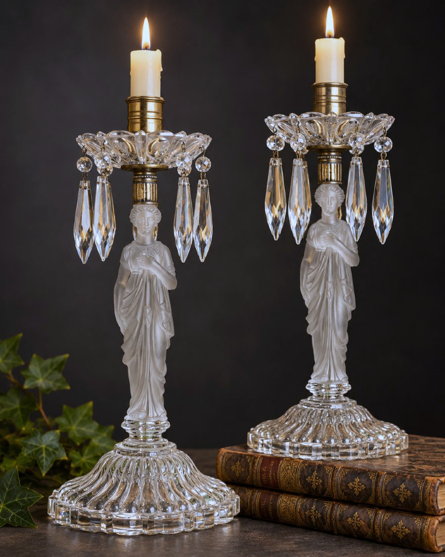 Pair Of Molded And Frosted Crystal Candleholders With 19th-century Caryatid Design, Antique Baccarat