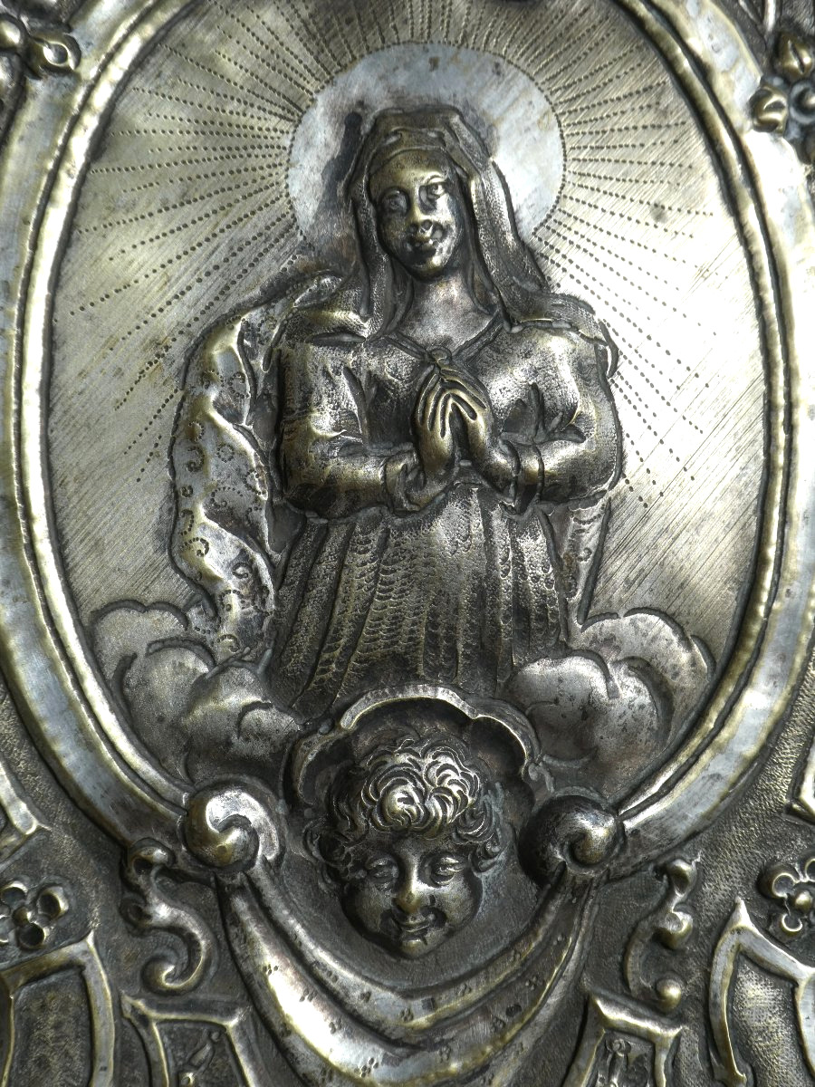 Bénitier Mural En Métal Argenté à Décor De La Vierge  XVIIIe siècle , Barroque -photo-5