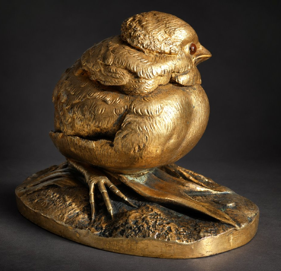 Animal-themed Bronze Sculpture, Louis Villeminot: Gilded Bronze Sparrow With Sulfide Eyes, 19th Century-photo-2
