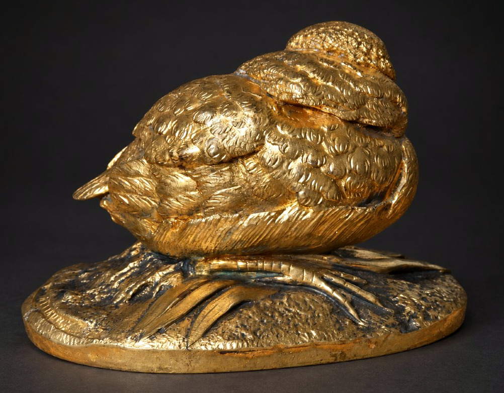 Animal-themed Bronze Sculpture, Louis Villeminot: Gilded Bronze Sparrow With Sulfide Eyes, 19th Century-photo-3