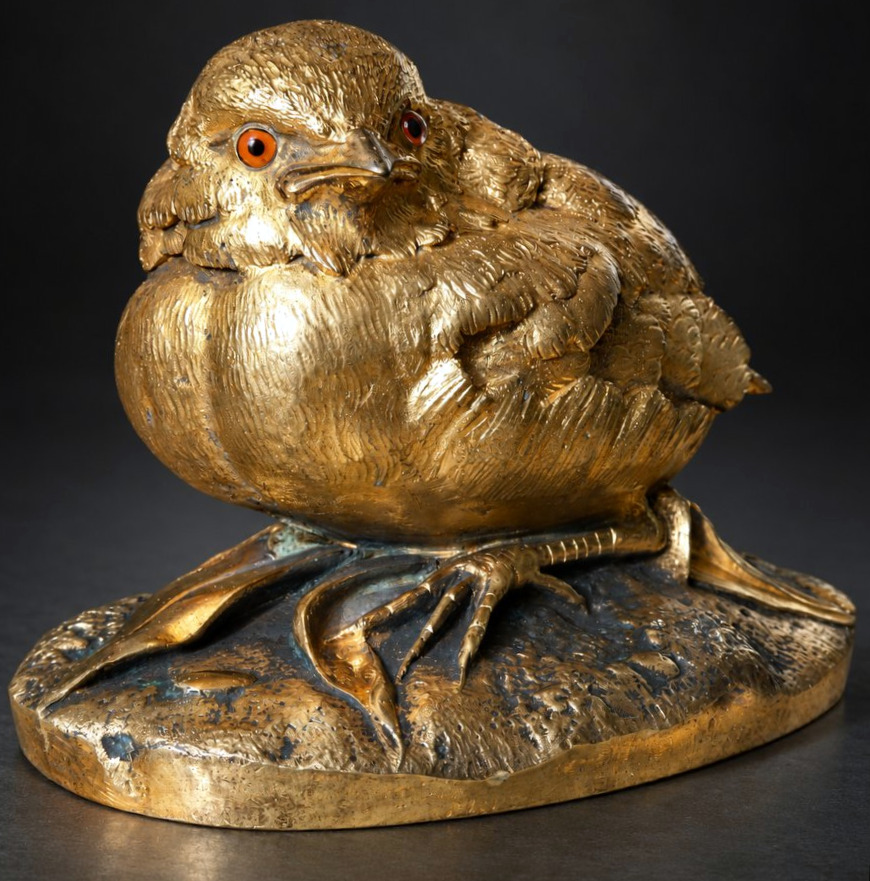 Animal-themed Bronze Sculpture, Louis Villeminot: Gilded Bronze Sparrow With Sulfide Eyes, 19th Century-photo-4