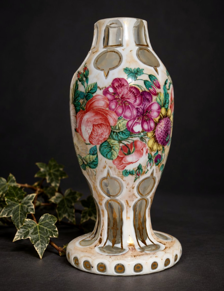 Vase En Cristal Overlay à Décor Floral Polychrome & Doré – Époque Napoléon III XIXE Baccarat-photo-6