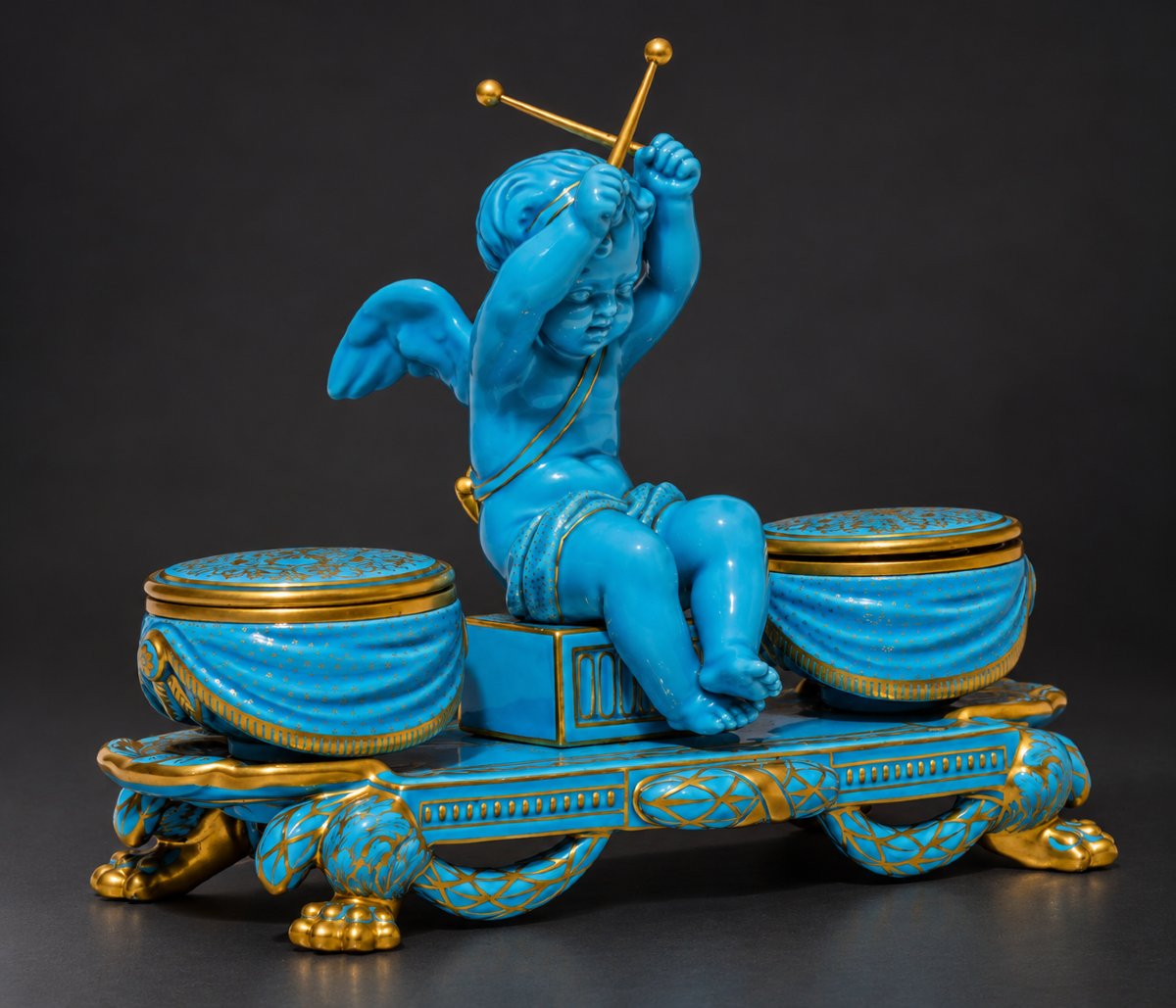 Samson Paris – Turquoise-blue And Gold Porcelain Inkwell Featuring "love As A Musician" – 19th Century-photo-2