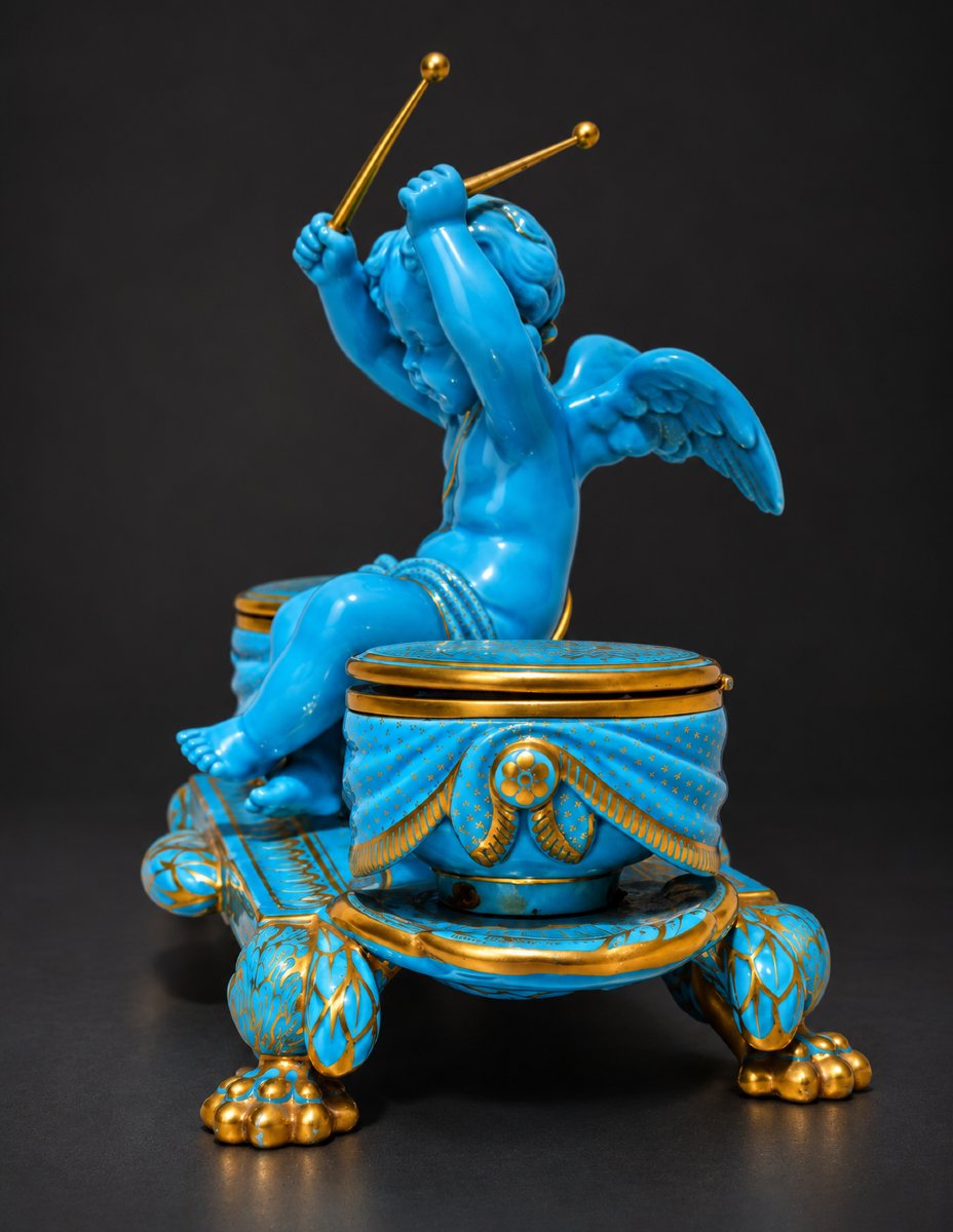 Samson Paris – Turquoise-blue And Gold Porcelain Inkwell Featuring "love As A Musician" – 19th Century-photo-3