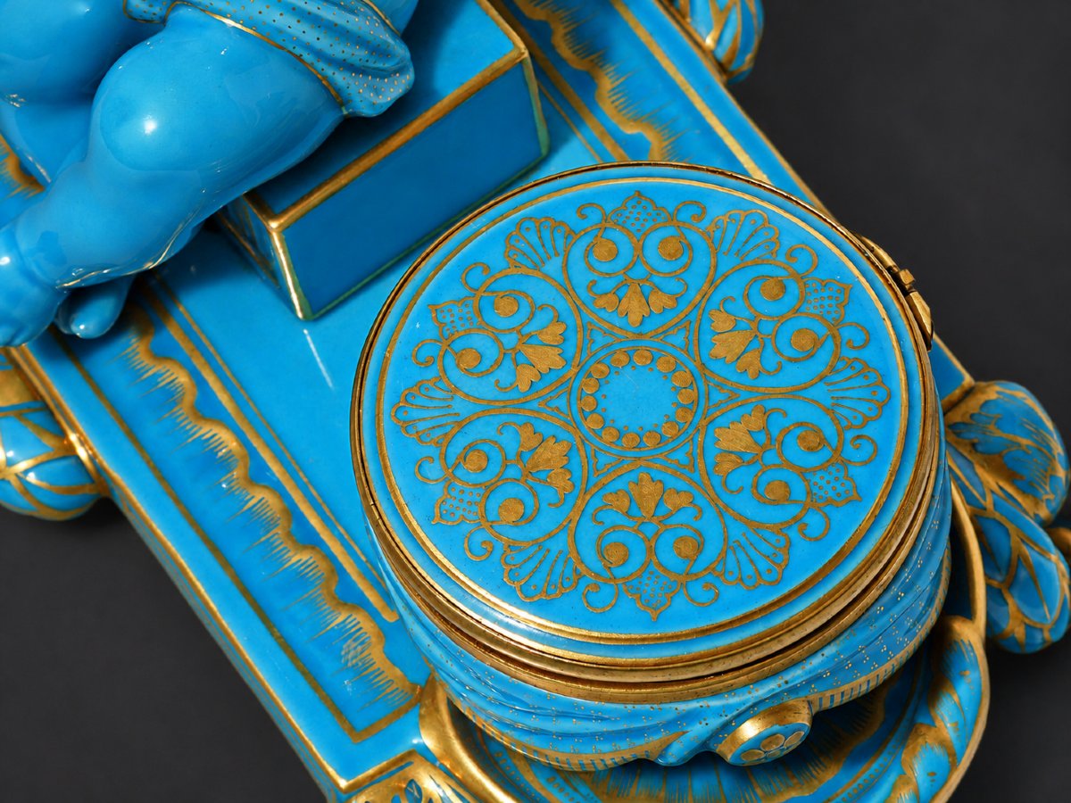 Samson Paris – Turquoise-blue And Gold Porcelain Inkwell Featuring "love As A Musician" – 19th Century-photo-4