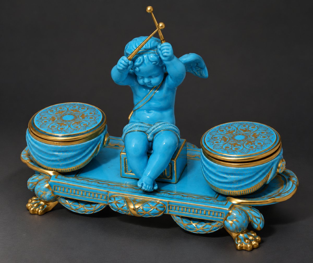 Samson Paris – Turquoise-blue And Gold Porcelain Inkwell Featuring "love As A Musician" – 19th Century-photo-1