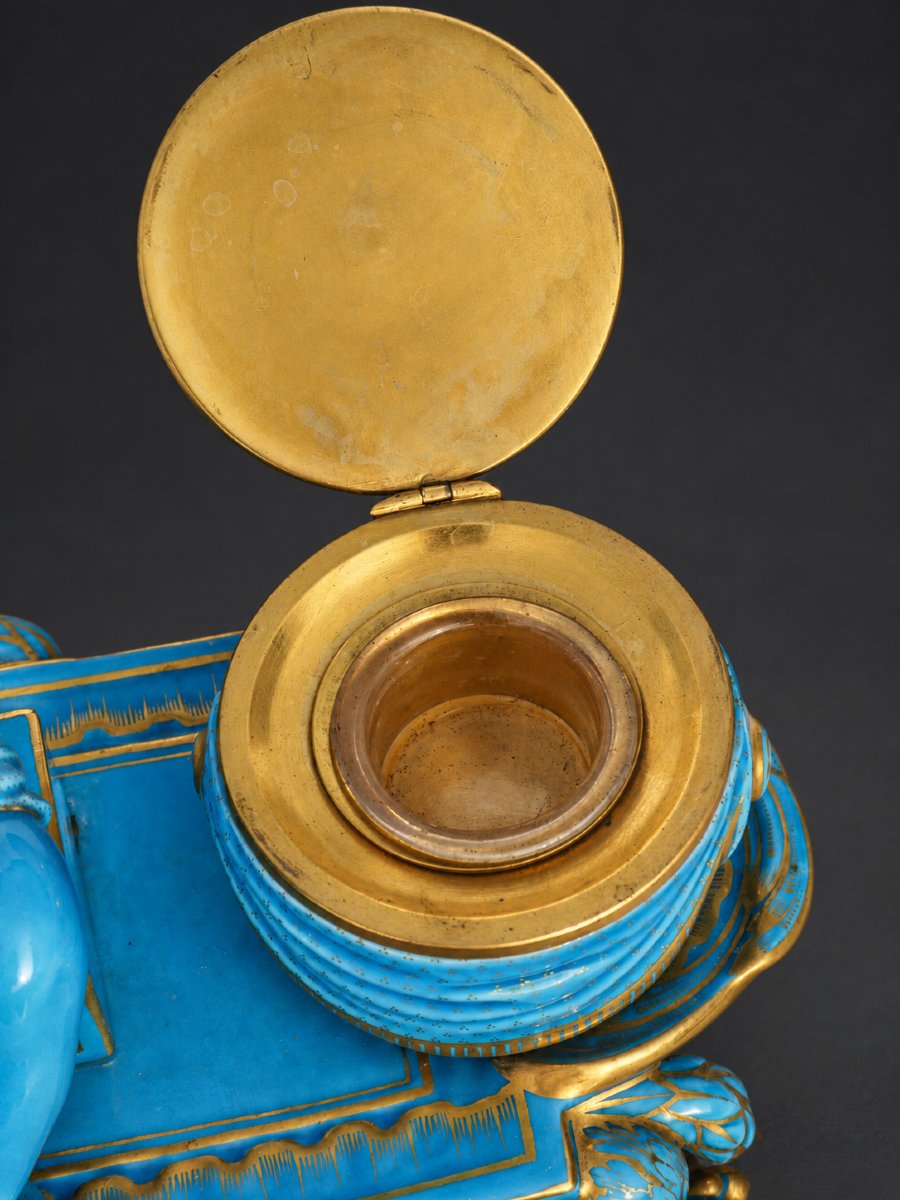 Samson Paris – Turquoise-blue And Gold Porcelain Inkwell Featuring "love As A Musician" – 19th Century-photo-7
