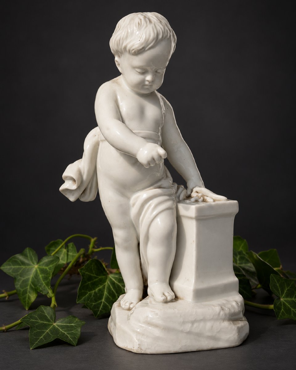 Sujet En Porcelaine Allemande Putto Enfant d'Apres Falconnet , Le Feu XIXe Style XVIIIe Meissen-photo-2