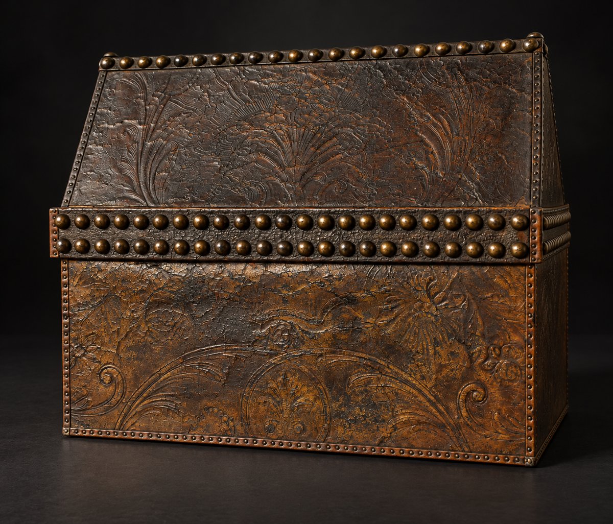 Neogothic Travel Writing Case In Embossed Leather With Heraldic Coat Of Arms And Secret Drawer, 19th Century-photo-3