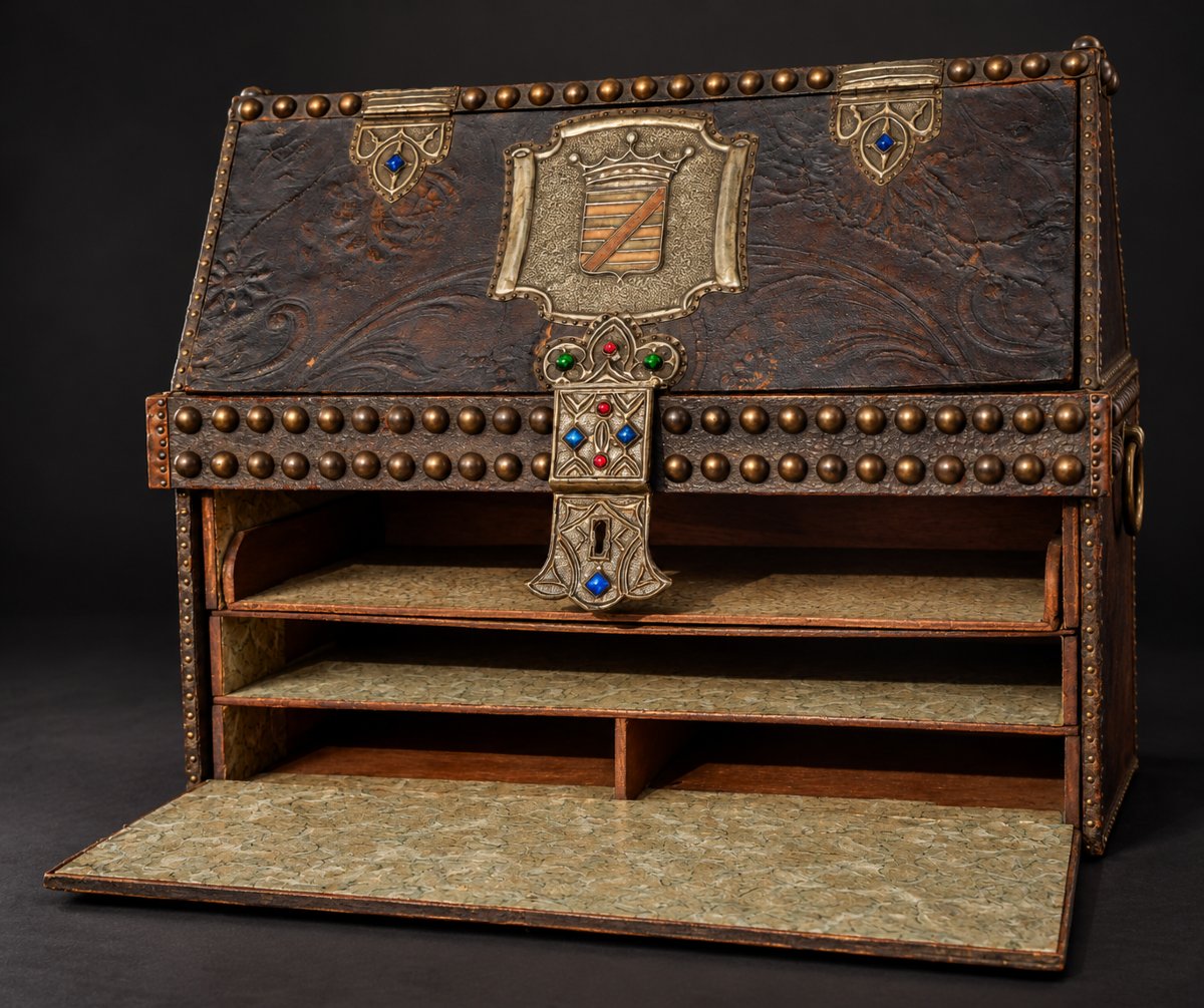 Neogothic Travel Writing Case In Embossed Leather With Heraldic Coat Of Arms And Secret Drawer, 19th Century-photo-4