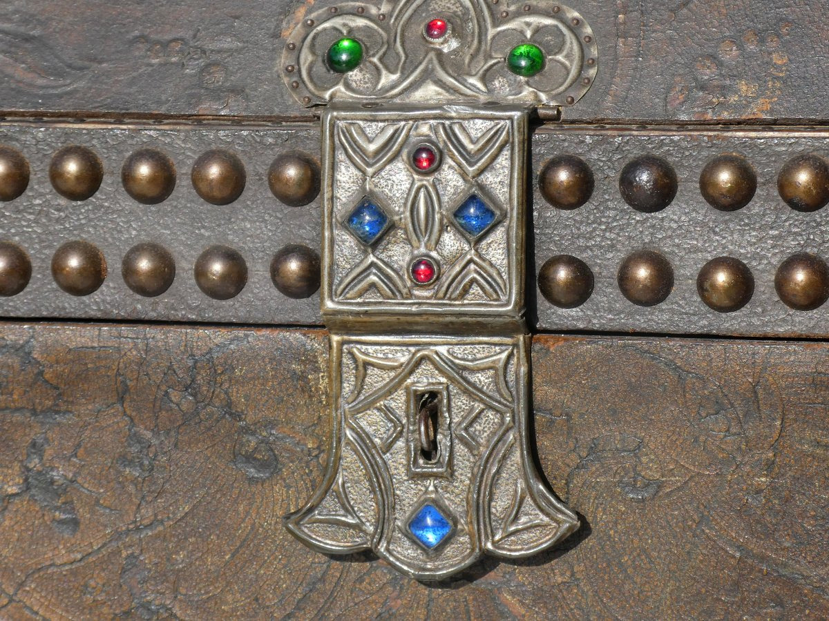 Neogothic Travel Writing Case In Embossed Leather With Heraldic Coat Of Arms And Secret Drawer, 19th Century-photo-3