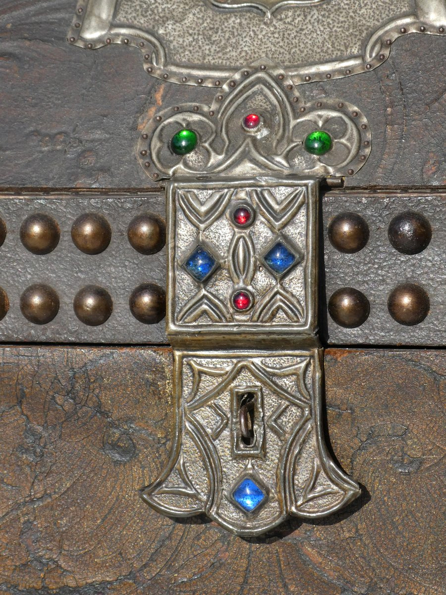 Neogothic Travel Writing Case In Embossed Leather With Heraldic Coat Of Arms And Secret Drawer, 19th Century-photo-4