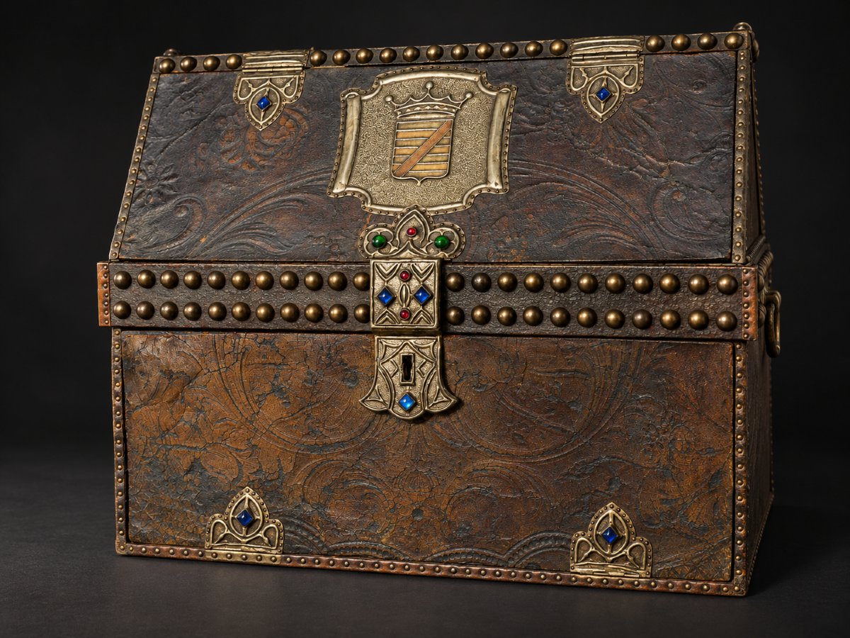 Neogothic Travel Writing Case In Embossed Leather With Heraldic Coat Of Arms And Secret Drawer, 19th Century