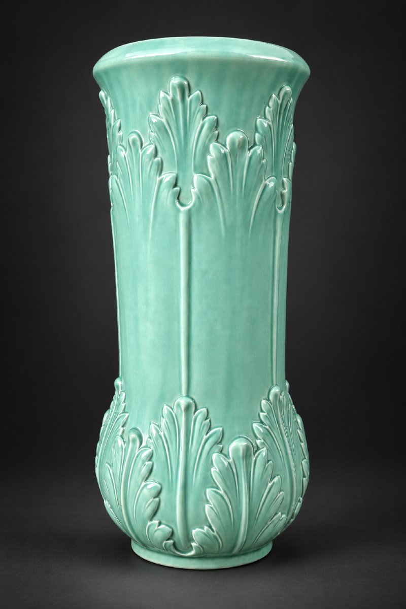 Porte parapluies Faïence Turquoise Décor De Feuilles D’Acanthe Fives Lille Art Nouveau Cannes