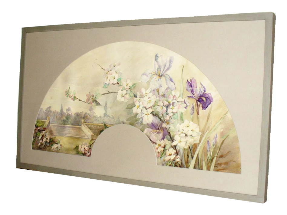 Projet d'Eventail Encadré , Aquarelle d'époque Art Nouveau , Decor d'Iris 1910 éventail