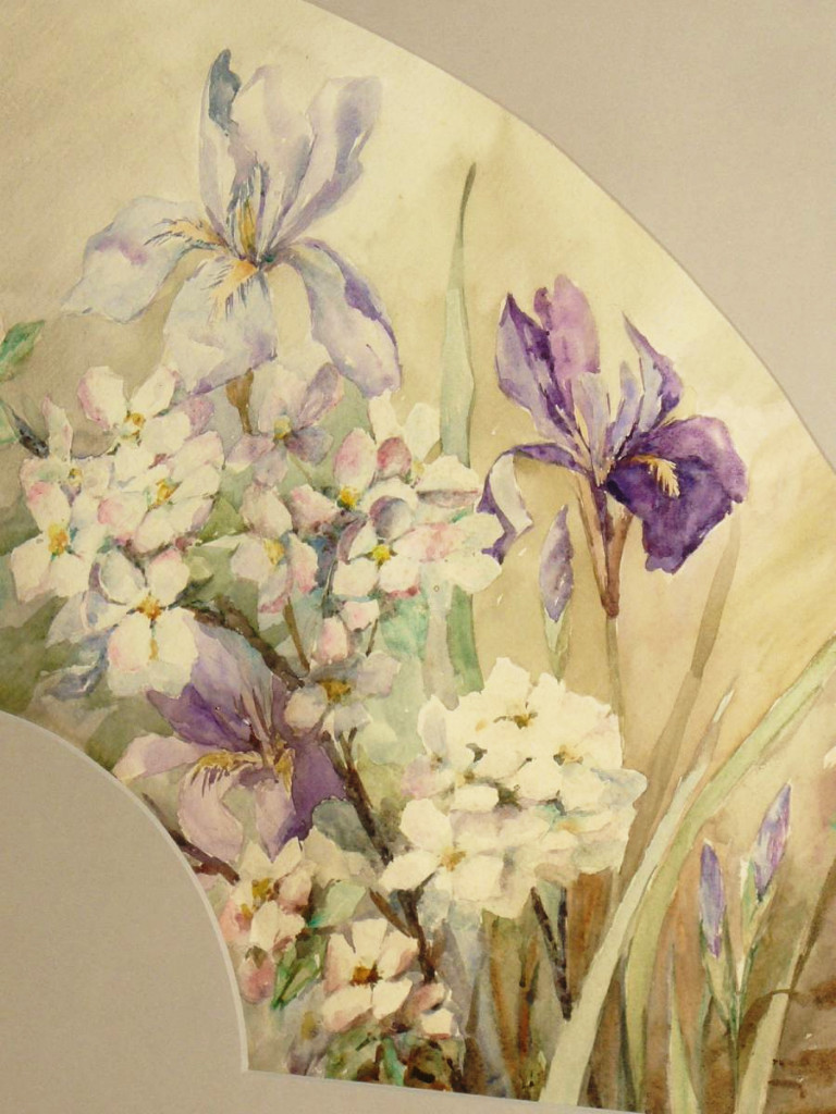 Projet d'Eventail Encadré , Aquarelle d'époque Art Nouveau , Decor d'Iris 1910 éventail-photo-2