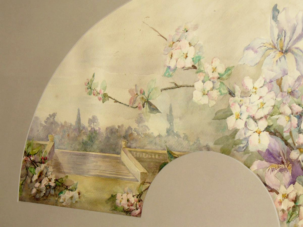 Projet d'Eventail Encadré , Aquarelle d'époque Art Nouveau , Decor d'Iris 1910 éventail-photo-3