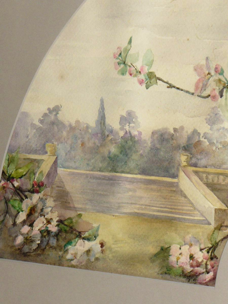 Projet d'Eventail Encadré , Aquarelle d'époque Art Nouveau , Decor d'Iris 1910 éventail-photo-4