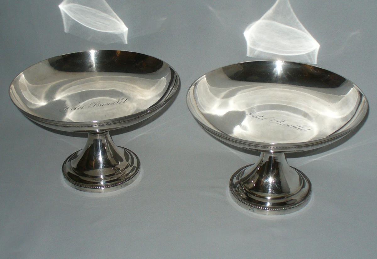 Pair Of Silver Metal Comports In 1900, Quality Hotelliere, Decor Strips Beads, Cups-photo-3