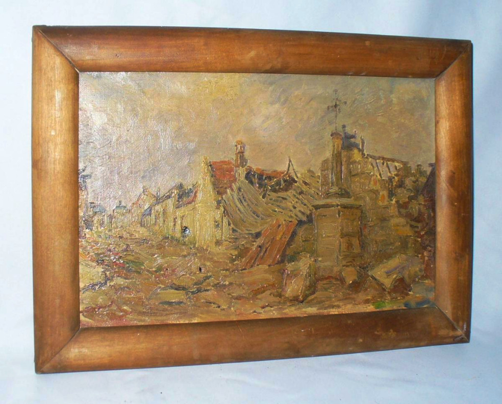 Oil On Canvas, Bombardment Scene, Early 20th Century, World War I, Ww1-photo-2