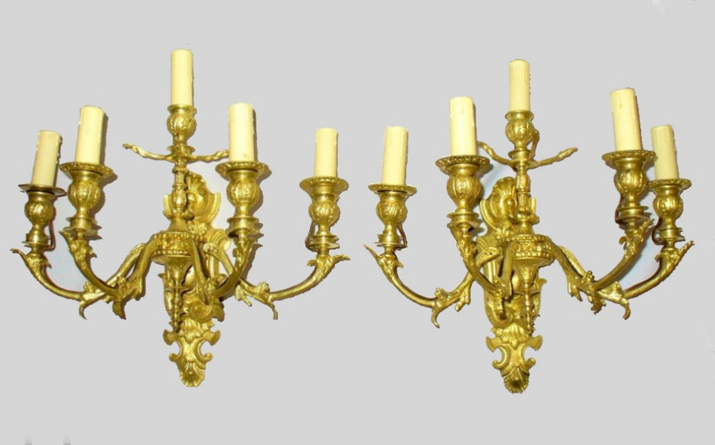 Pair Of Gilt Bronze Sconces, Epoque Nineteenth, 5 Arms Of Light, Napoleon III Style Regence-photo-2