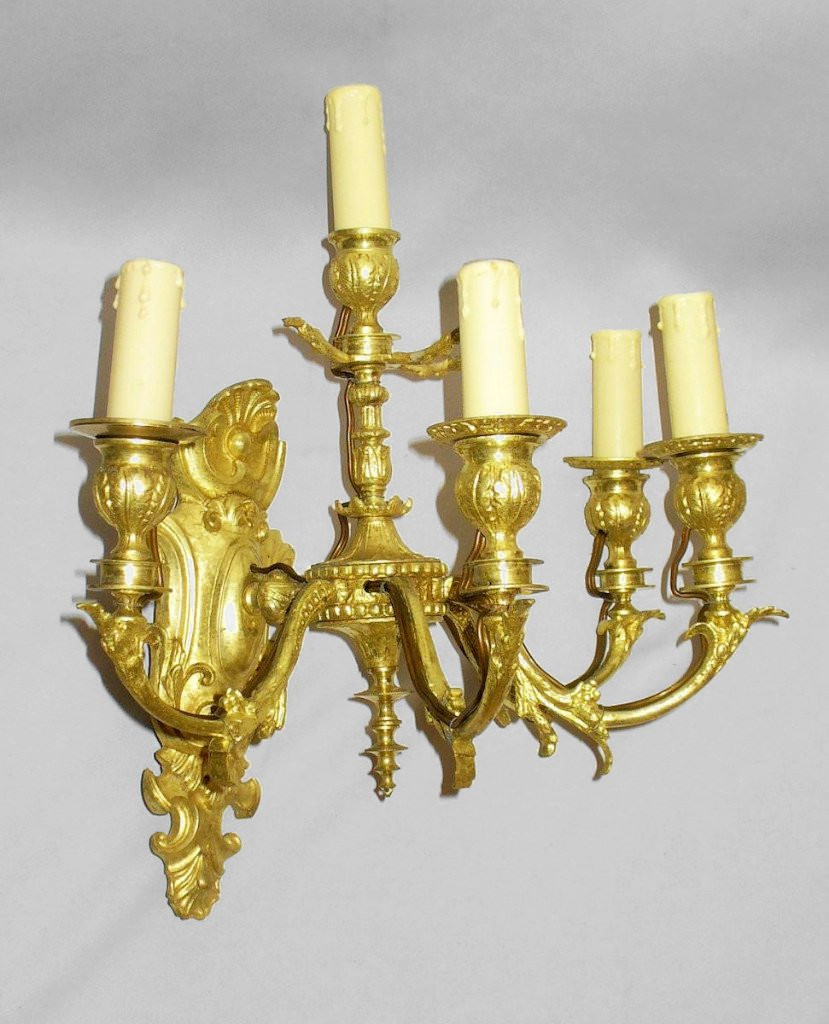 Pair Of Gilt Bronze Sconces, Epoque Nineteenth, 5 Arms Of Light, Napoleon III Style Regence-photo-4