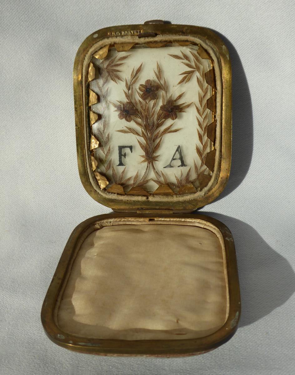 Souvenir Holder In Nacre, Hair Inlay Napoleon III Period Sterling Silver Frame Nineteenth