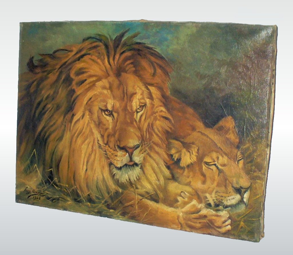 Oil On Canvas Animal Topic "the British Lions" Signed & Dated Lion Fawn Giza Vastagh 1928