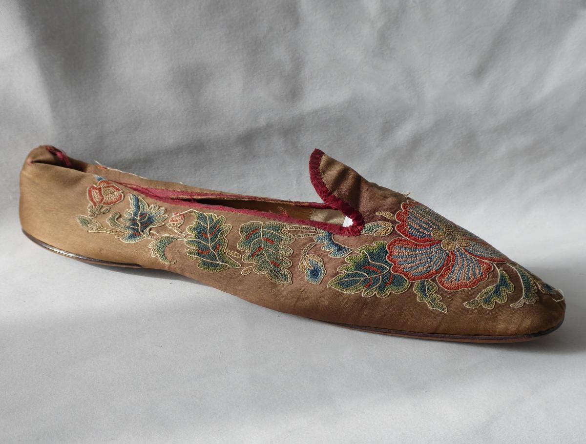 Chaussure En Soie Brodée époque 1820 , Ballerine Début XIXe Siecle , Chaussures Souliers -photo-4