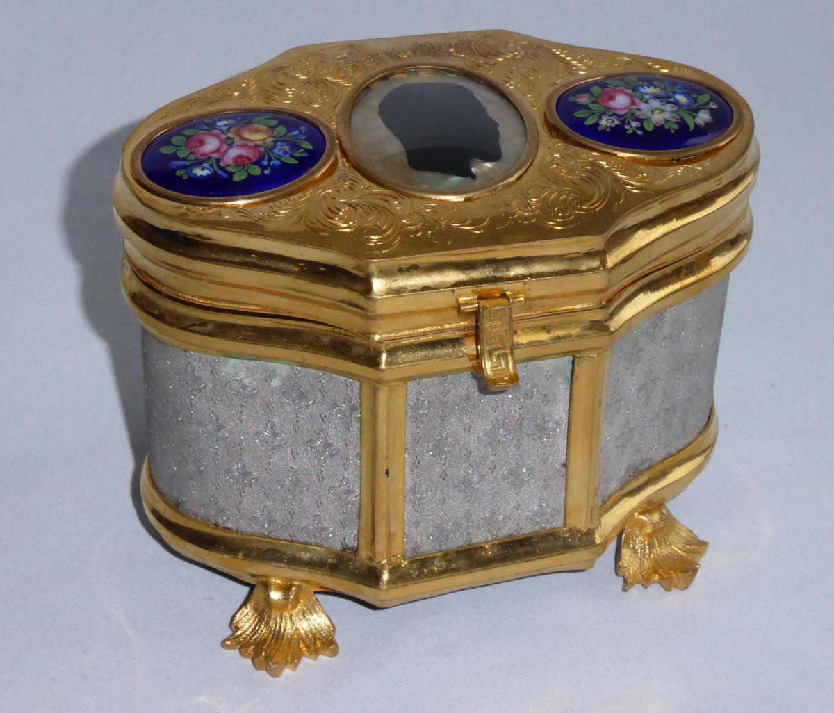 Jewelry Box, Box Nineteenth Fleur De Lys Profile Of Tsar Nicolas II Enamel Plate Enamel