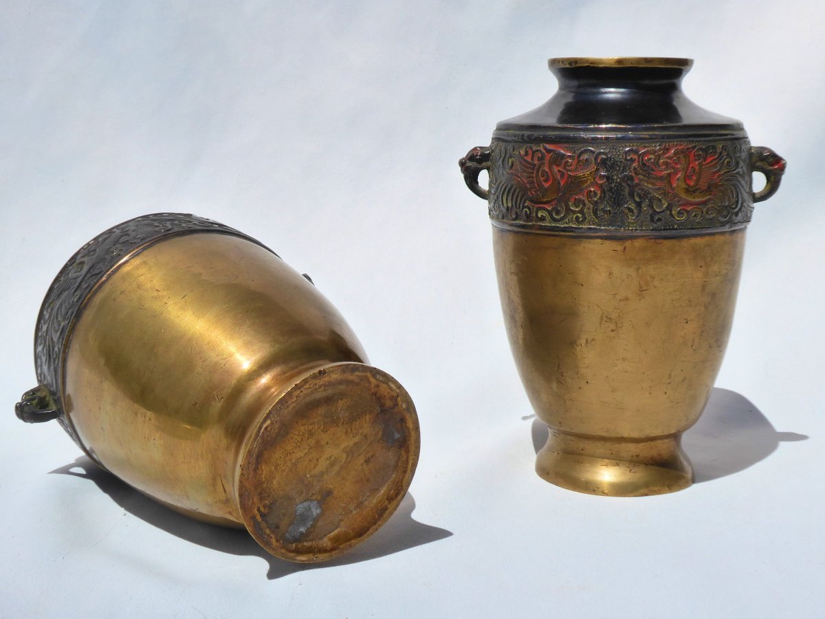 Pair Of Vases In Bronze Patina, China Nineteenth Century, Asian Object, Vase, Phenix Decor-photo-3